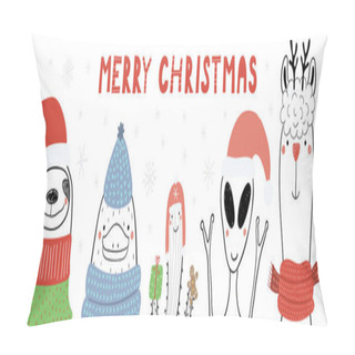 Personality  Hand Drawn Vector Illustration Of A Cute Funny Animals With Cactus And Alien With Text Merry Christmas, Design Concept Christmas Card Pillow Covers