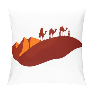 Personality  Camel Caravan Crossing Desert 2D Vector Isolated Illustration. Man With Camels Flat Characters On Cartoon Background. Riding Through Sahara Colourful Scene For Mobile, Website, Presentation Pillow Covers