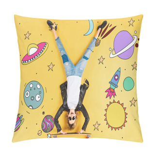 Personality  Top View Of Woman In Leather Jacket Standing On Hands On Longboard On Yellow Background With Space Illustration Pillow Covers