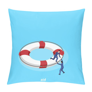 Personality  A Man In A Business Suit Helps Another To Climb Onto A Lifebuoy, An Isometric Image Pillow Covers