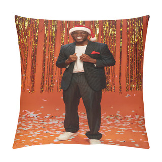 Personality  Cheerful African American Man In Santa Hat And Black Suit On Orange Backdrop With Shiny Decor Pillow Covers
