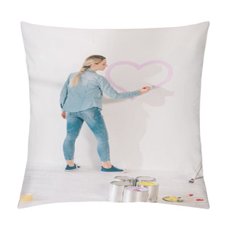 Personality  Pretty Young Woman Drawing Heart With Pink Paint On White Wall Pillow Covers