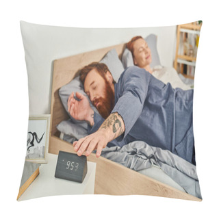 Personality  Sleepy Bearded Man Reaching Electronic Alarm Clock, Day Off Without Kids, Redhead Husband And Wife, Relaxation Time, Blurred Background, Tattooed, Modern Home, Cozy Bedroom  Pillow Covers