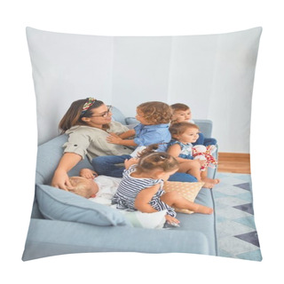 Personality  Beautiful Teacher And Group Of Toddlers Sitting On The Sofa Playing At Kindergarten Pillow Covers
