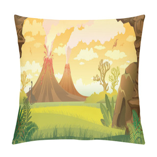 Personality  Prehistoric Landscape With Volcanoes. Pillow Covers
