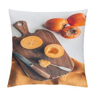 Personality  Top View Of Persimmons On Wooden Board With Knife And Spoon Pillow Covers
