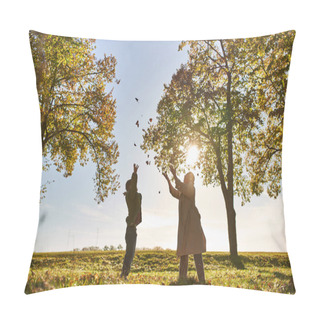 Personality  Silhouette Of Mother And Child Throwing Autumn Leaves, Park, Fall Season, Having Fun, Woman And Boy Pillow Covers