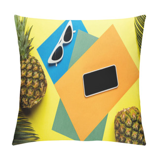 Personality  Top View Of Green Palm Leaves, Sunglasses, Smartphone And Ripe Pineapples On Colorful Background Pillow Covers
