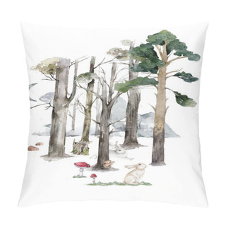 Personality  Autumn Forest Flat Hand Drawn Illustrations Set. Woody Flora And Fauna Design Elements. Woodland Animals And Trees Clip-arts. Isolated Scandinavian Decorative Nature Wildlife Creatures And Plants. Pillow Covers