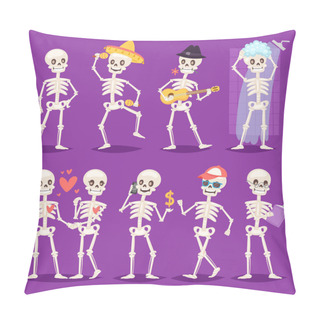 Personality  Cartoon Skeleton Vector Bony Character Mexican Musician Or Lovely Couple With Skull And Human Bones Illustration Skeletal Set Of Dead People Dancing Or Bathing Isolated On Background Pillow Covers