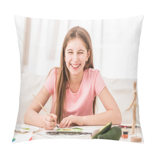 Personality  Girl Smiles When Drawing Green Avocado Pillow Covers
