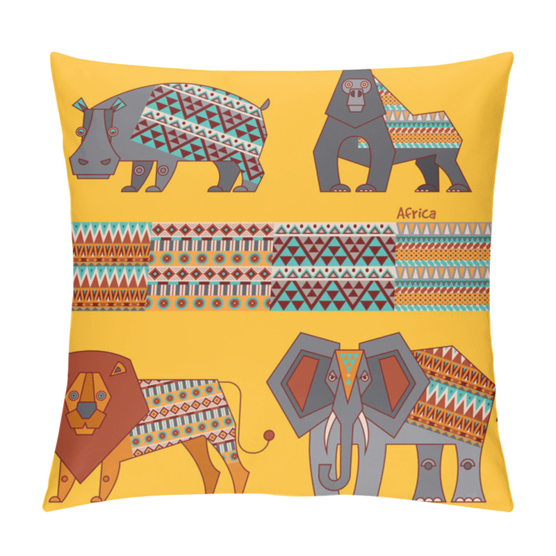 Personality  Set of African animals. Hippo, lion, elephant, gorilla. Geometric style.  pillow covers