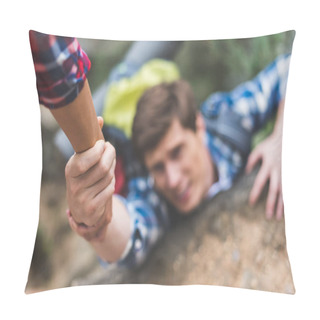 Personality  Woman Helping Boyfriend To Climb Rock Pillow Covers