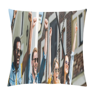Personality  Panoramic Shot Of Cheerful Group Of Multicultural Friends In Sunglasses Celebrating Triumph  Pillow Covers