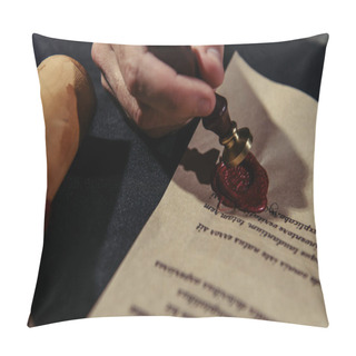 Personality  Cropped View Of Monk Approving Chronicle With Wax Seal On Black Surface Pillow Covers