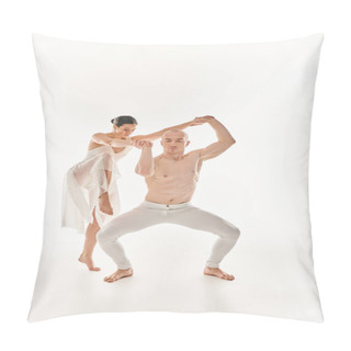 Personality  A Shirtless Young Man And A Woman In A White Dress Dance Together, Performing Acrobatic Elements In A Studio Setting Against A White Backdrop. Pillow Covers