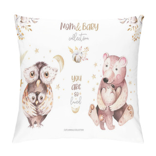 Personality  Watercolor Little Owl And Bear Baby And Mother Watercolour Cartoon Baby Nursery. Forest Funny Young Animals Illustration. Mom And Baby Greeting Invitation Pillow Covers