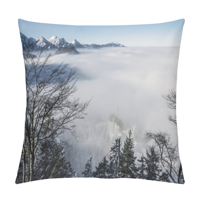 Personality  scenic view of snowy mountains in fog near Neuschwanstein Castle, Germany pillow covers