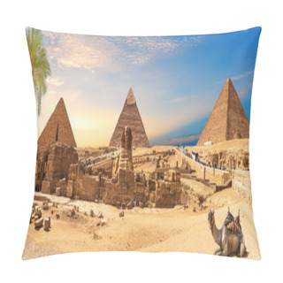 Personality  Egypt Pyramids And Sphinx Panorama Behind The Palm With A Camel Lying By, Cairo, Giza. Pillow Covers