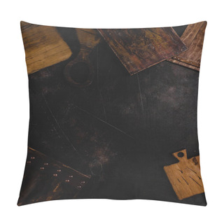 Personality  Top View Of Wooden Cutting Boards On Black Concrete Surface Pillow Covers