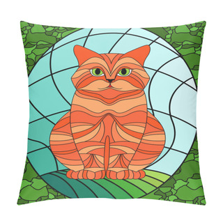Personality  Funny And Serious Cat Sitting On A Background Of Sky, Colorful Stained-glass Window Decoration On Glass For Children Pillow Covers