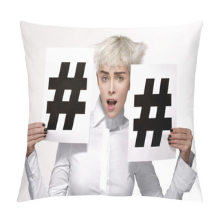 Personality  Pretty Blond Model Showing Two Hashtag Sign On Paper  Pillow Covers