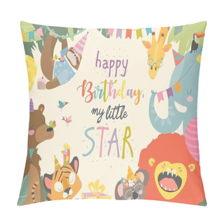 Personality  Vector Frame With Cute Animals Celebrating Birthday Pillow Covers