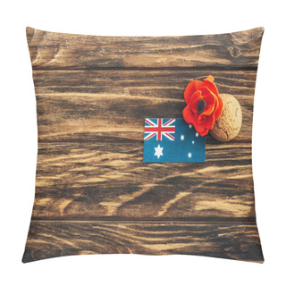 Personality  Top View Of Australian Flag Near Artificial Flower And Cookie On Wooden Surface  Pillow Covers