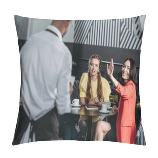 Personality  Beautiful Young Women Waving To Waiter At Cafe Pillow Covers