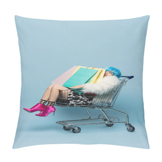 Personality  Young Asian Woman In Pop Art Style Sitting In Shopping Cart With Bags On Blue Background  Pillow Covers
