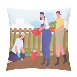 Personality  Gardening Women With Watering Can Tools Bucket And Flowers Pot Vector Design Pillow Covers