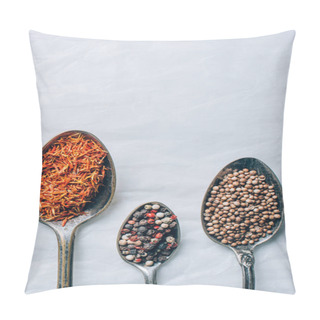 Personality  Top View Of Indian Spices In Spoons On White Table Pillow Covers