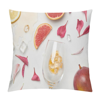Personality  Top View Of Arrangement Of Wineglass, Exotic Fruits, Ice Cubes And Flower Petals On White Surface Pillow Covers
