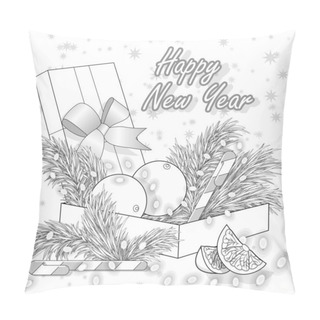 Personality  Coloring Of New Year Greeting Card With A Gift, Fir Branches, Garlands, Oranges And Caramel Sticks Pillow Covers