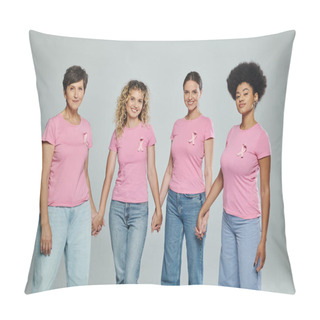 Personality  Interracial Women Different Age Holding  Hands On Grey Backdrop, Support, Breast Cancer Awareness Pillow Covers