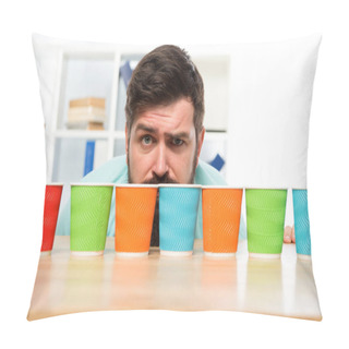 Personality  Difficult Choice. Decision-making. Serious And Sad Man With Colorful Coffee Cups. Many Cups Of Coffee. Hard Choice To Make. I Need More Coffee. Low Energy. Taking Decisions. Mature Hipster Man Pillow Covers