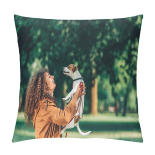 Personality  Side View Of Curly Woman Holding Jack Russell Terrier In Park  Pillow Covers