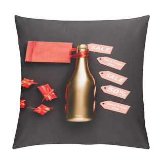 Personality  Top View Of Golden Bottle Of Champagne Near Price Tags And Toy Gifts On Black Background  Pillow Covers