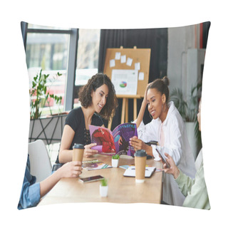 Personality  Happy African American And Multiracial Women Reading Beauty And Style Magazine Near Girlfriends Sitting With Smartphone And Coffee To Go In Women Club, Common Interests And Knowledge-sharing Concept Pillow Covers