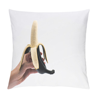 Personality  Cropped View Of Woman Holding Peeled Banana Isolated On White Pillow Covers