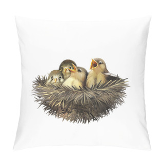 Personality  Four Hungry Baby Sparrows In A Nest Wanting The Mother Bird To Come And Feed Them, Bird Nest With Young Birds Pillow Covers