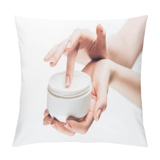 Personality  Cropped Shot Of Woman Taking Moisturizing Cream From Jar Isolated On White Pillow Covers