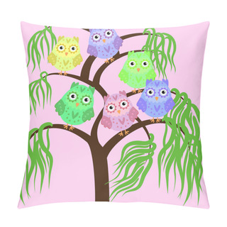 Personality  Bright Cute Cartoon Owls Sit On The Flowering Branches Of Fantastic Trees Pillow Covers