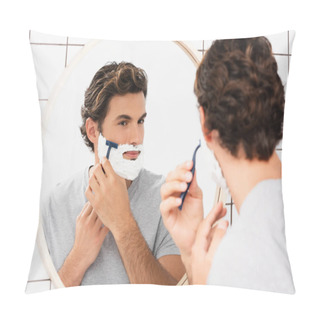 Personality  Young Man Looking At Mirror While Shaving On Blurred Foreground In Bathroom  Pillow Covers