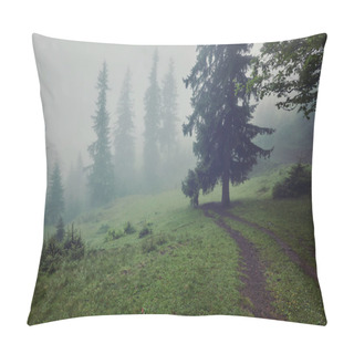 Personality  Foggy Morning Summer Landscape With Fir Trees, Seasonal Travel Hipster Background Pillow Covers