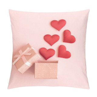 Personality  Flat Lay Of Gift Box And Hearts Against Pastel Pink Background. Pillow Covers