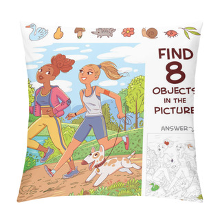 Personality  Find 8 Objects In The Picture. Puzzle Hidden Items. Two Girls Jogging With A Dog. Funny Cartoon Character Pillow Covers