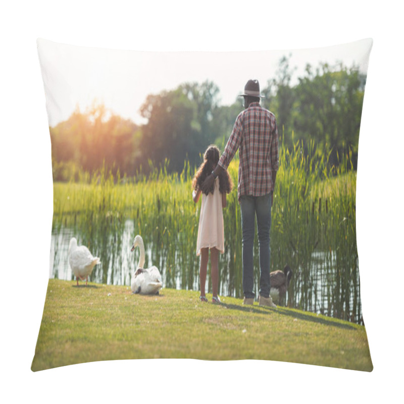 Personality  granddaughter and grandfather feeding geese  pillow covers