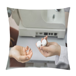 Personality  Cropped View Of Oculist Giving Lens Case To Patient Near Vision Screener Pillow Covers