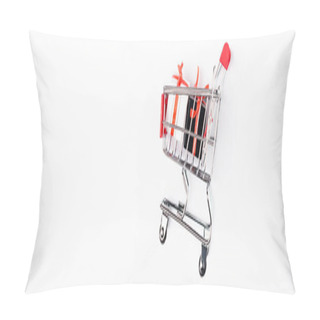 Personality  Horizontal Image Of Toy Gift Boxes And Shopping Cart On White Background Pillow Covers